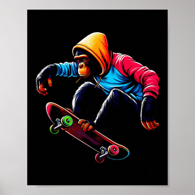 Affiche Cool Funky Bonobo Monkey Skateboarding Illustratio (Devant)