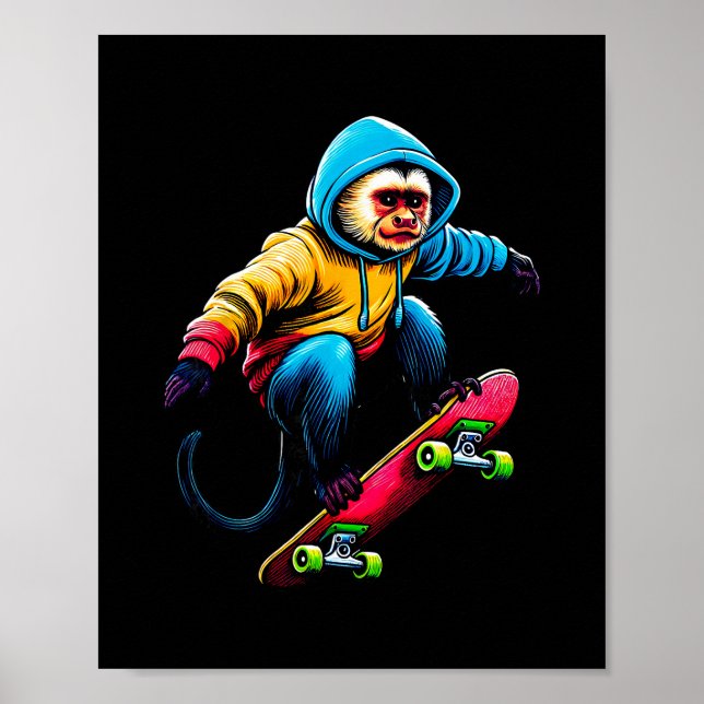 Affiche Cool Funky Capuchin Monkey Skateboarding Illustrat (Devant)