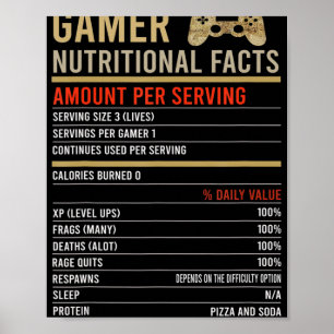 Affiche Cool Gamer Faits nutritionnels Jeu vidéo Jeu amusa