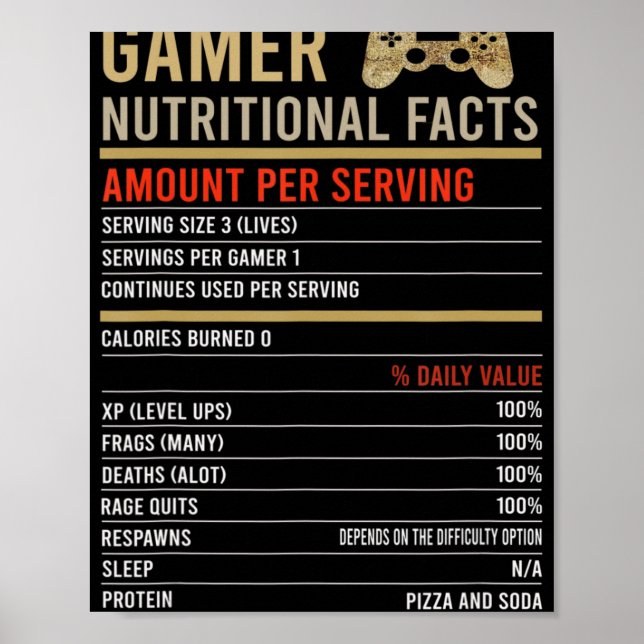 Affiche Cool Gamer Faits nutritionnels Jeu vidéo Jeu amusa (Devant)