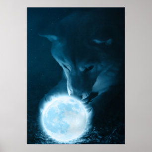 Affiche Cool Imaginaire Mystique Loup Tenant La Lune