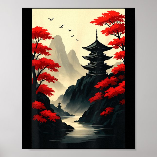 Affiche Cool Japanese Pagoda Castle Mountain Landscape Gra (Devant)