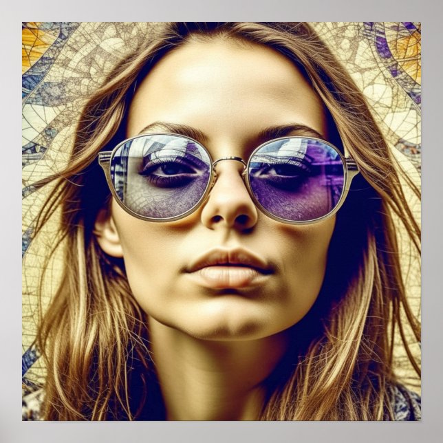 Affiche Cool Lady avec réflexion dans ses lunettes de sole (Devant)