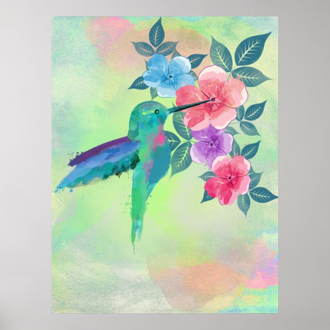 Affiche Cool mignon couleurs vives aquarelles colibri flor (Devant)
