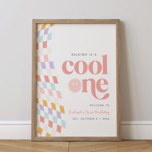 Affiche Cool One Girl's First Birthday À damiers Retro