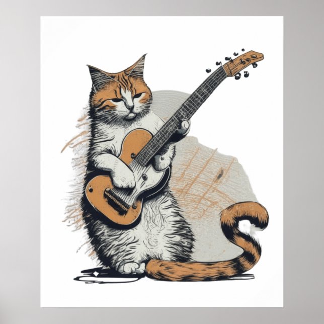 Affiche Cool Orange Chat Jamming sur la guitare (Devant)