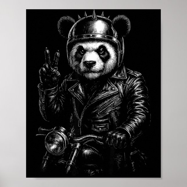 Affiche Cool Panda Punk Peace Sign Motorcycle  (Devant)