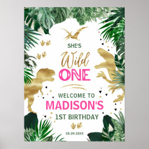 Affiche Cool Pink Girl Dinosaurs Birthday Party Welcome