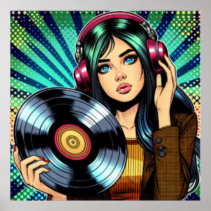 Affiche Cool Pop Art Comic Style Girl avec Album de Vinyl