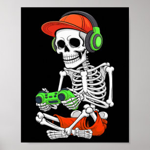 Affiche Cool Skeleton Gamer Vidéo Jeu Halloween Hommes Tee
