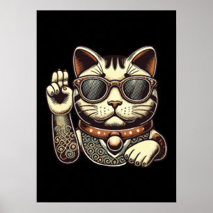 Affiche Cool Vintage Maneki Neko Lucky Chat, Succès Argent