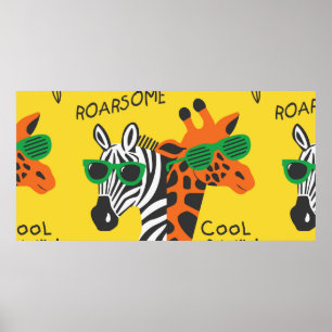 Affiche Cool zèbre et girafe portant des lunettes sur jaun