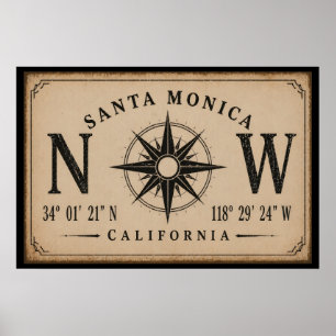 Affiche Coordonnées vintage de Santa Monica Californie