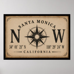 Affiche Coordonnées vintage de Santa Monica Californie