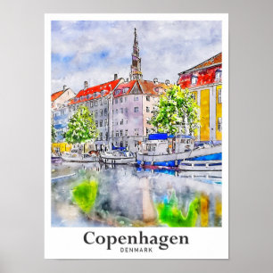 Affiche Copenhague Danemark Aquarelle Voyage Main tirée