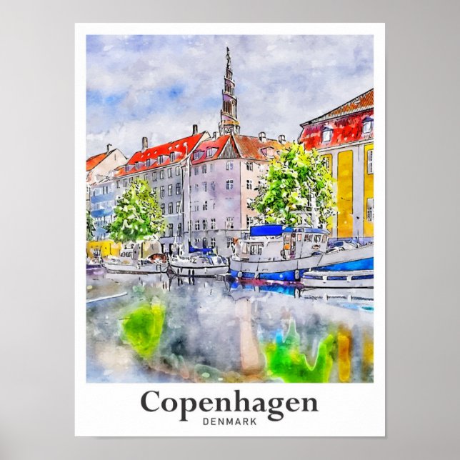 Affiche Copenhague Danemark Aquarelle Voyage Main tirée (Devant)