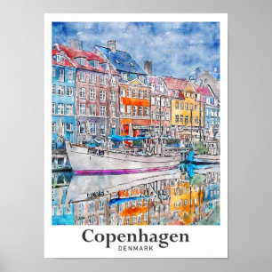 Affiche Copenhague Danemark Aquarelle Voyage Main tirée