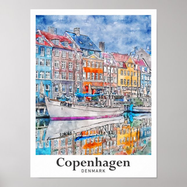 Affiche Copenhague Danemark Aquarelle Voyage Main tirée (Devant)