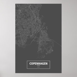 Affiche Copenhague, Danemark (blanc sur le noir)