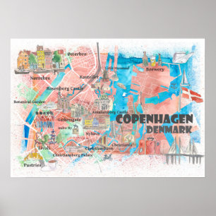 Affiche Copenhague Danemark Carte illustrée avec les route