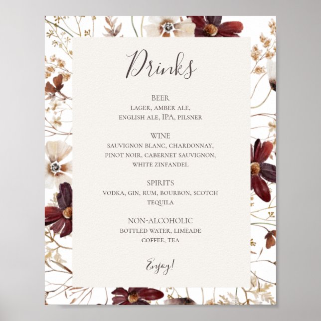 Affiche Copper Burgundy Wildflower | Drinks Menu Sign (Devant)