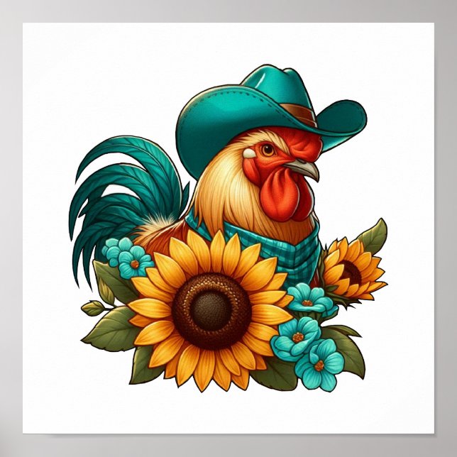 Affiche Coq avec chapeau sarcelle et tournesols  (Devant)