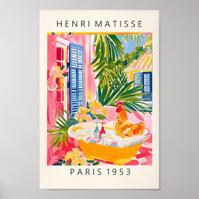 Affiche Coq Dans Baignoire Art Print, Décor De Ferme Rose, (Devant)