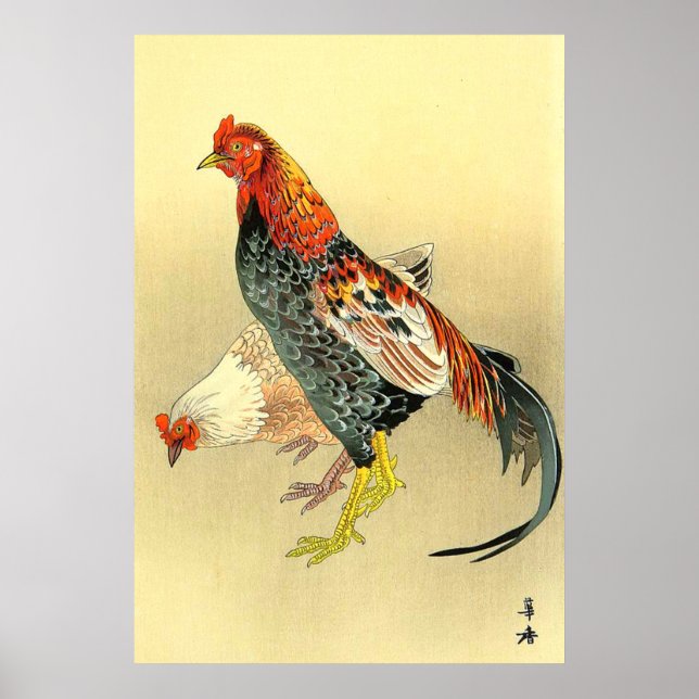 Affiche Coq de combat et poule Tsuji Kako 1900-1910s (Devant)