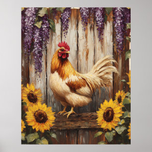 Affiche Coq de ferme rustique avec tournesols et wisteria