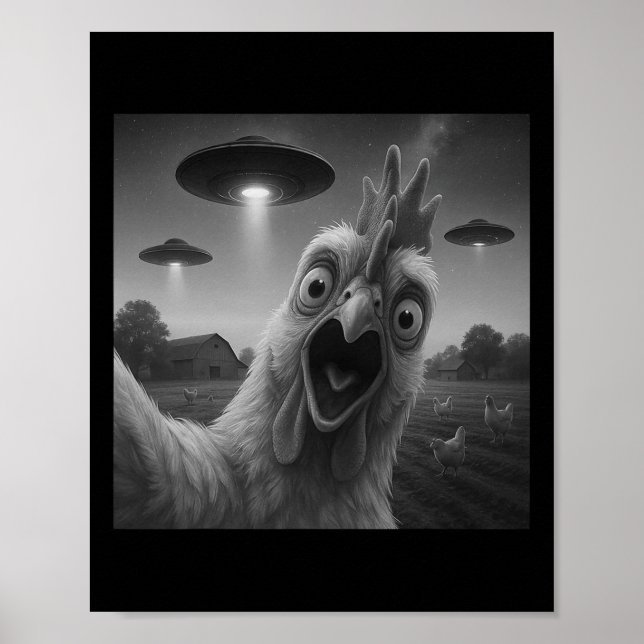 Affiche Coq drôle de selfie de poulet avec des ovnis Wei (Devant)