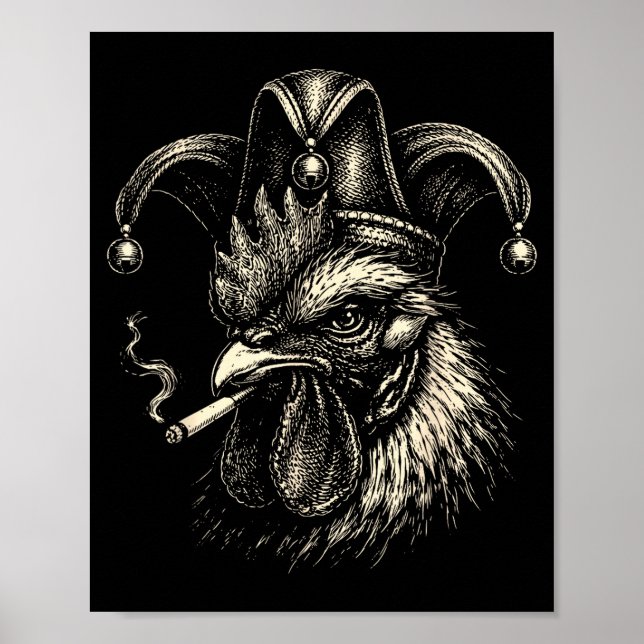 Affiche Coq drôle fumant une cigarette mème coq jester (Devant)