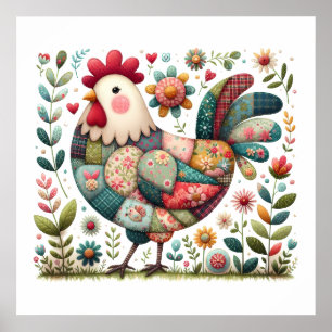 Affiche Coq en patchwork folklorique avec accents floraux