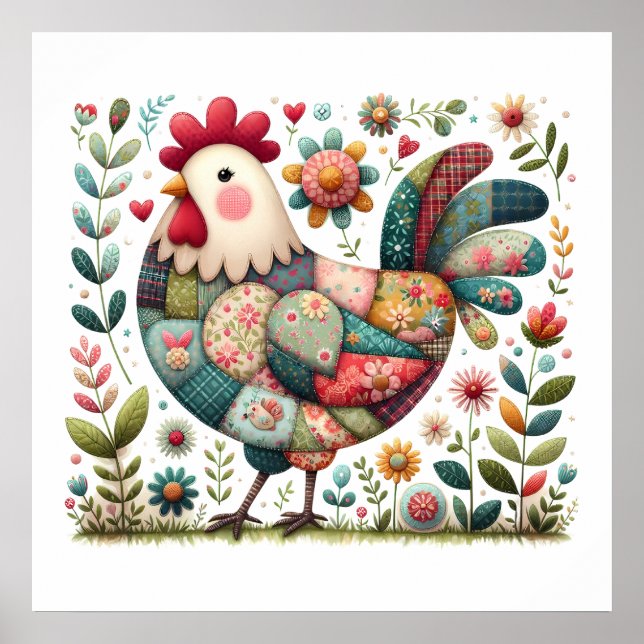 Affiche Coq en patchwork folklorique avec accents floraux (Devant)