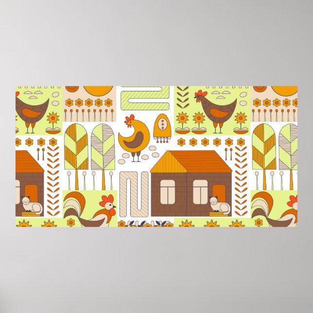 Affiche Coq et deux poules, oeufs, fleurs, maison, drawin (Devant)