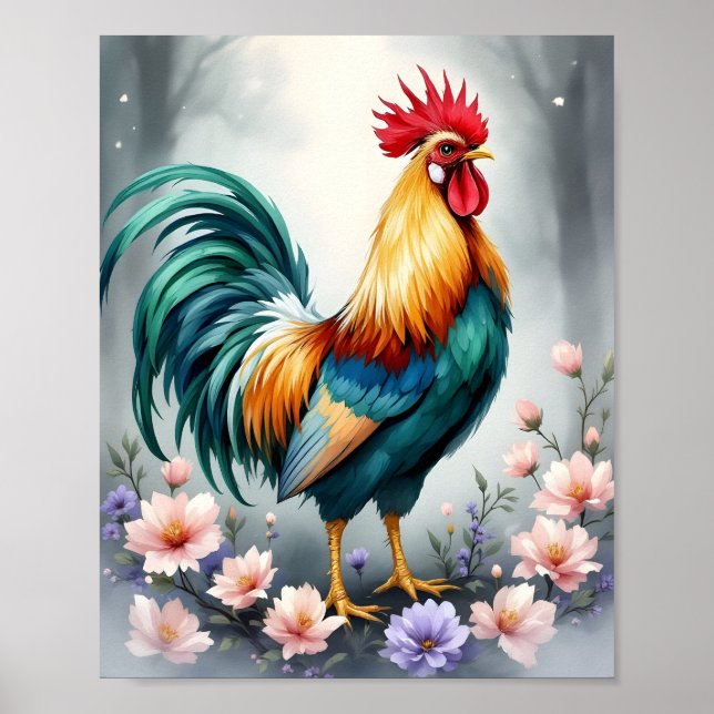 Affiche Coq et fleurs Digital (Devant)