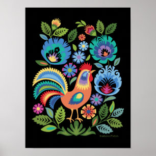 Affiche Coq et fleurs Wycinanki, style folklorique polonai