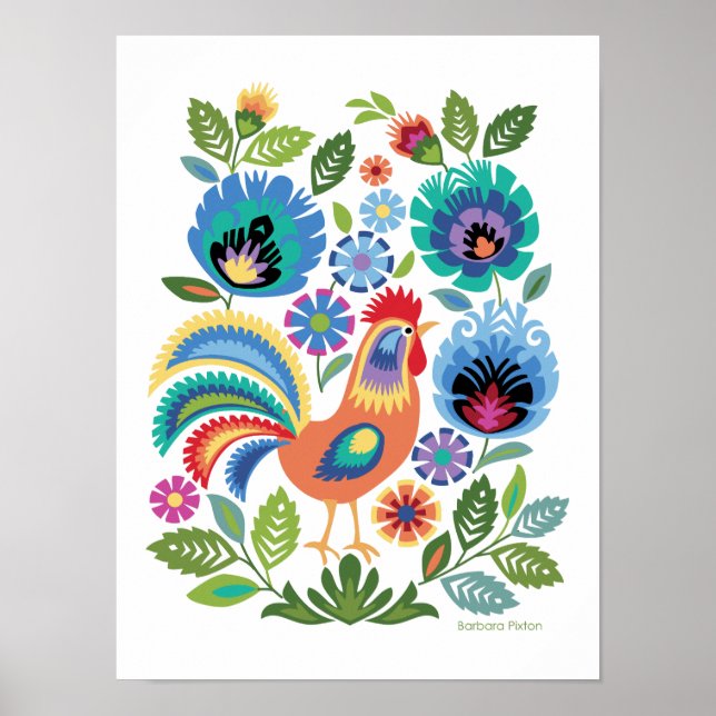 Affiche Coq et fleurs Wycinanki sur fond blanc, folklore p (Devant)