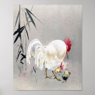 Affiche Coq et Hen avec chicks, Watanabe Seitei