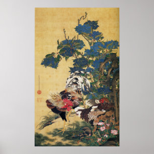 Affiche Coq et Hen avec Hydrangeas