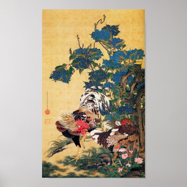 Affiche Coq et Hen avec Hydrangeas par Ito Jakuchu (Devant)