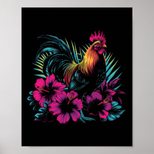 Affiche Coq Fleurs Hawaïennes Coq Kauai Hawaii Vint