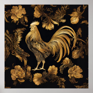 Affiche Coq Gold Farmhouse sur noir.