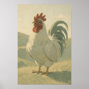 Affiche Coq pâle dans un paysage de ferme tranquille