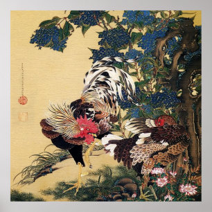 Affiche Coq Poule et Hydrangea par Ito Jakuchu