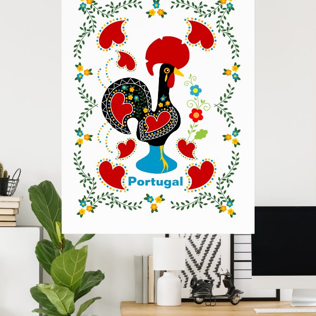 Affiche Coq traditionnel du Portugal en noir (Bureau à domicile)