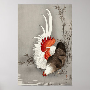 Affiche Coq vintage et poulet Art japonais
