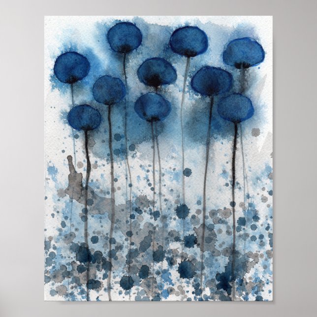 Affiche Coquelicots Bleu Marine, Fleurs Aquarelle Mur (Devant)