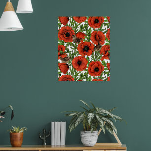 Affiche Coquelicots et roitelets rouges, feuilles vertes s