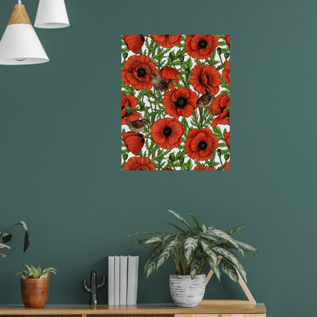 Affiche Coquelicots et roitelets rouges, feuilles vertes s (Salon 1)