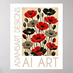 Affiche Coquelicots Floraux Rouges et Noirs Rétro Gras